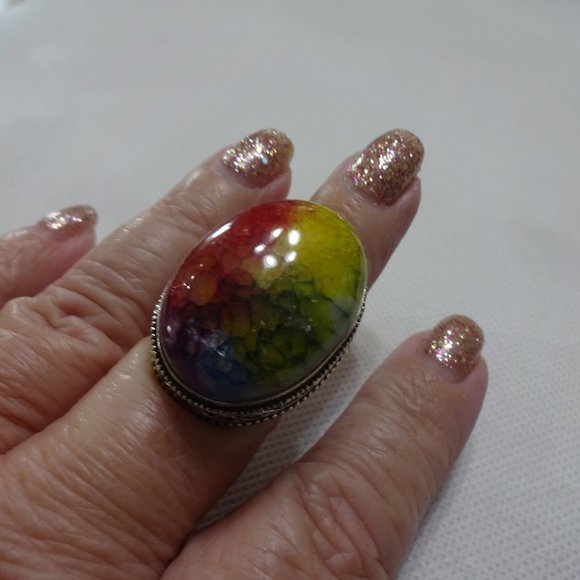 Vivid "RAINBOW GEODE" Handmade Sterling Ring Size 9 #692A - Picture 1 of 3